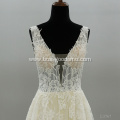 Hot Selling Sheer Sleeveless v neck Lace Bridal expensive wedding dress ball gown